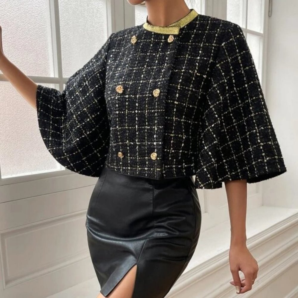 black Double Breasted Trim detailed Trumpet Sleeve Tweed Overcoat Jacket - Picture 4 of 6